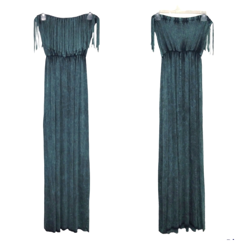 T Party Tie Dye Fringe Strapless Maxi Teal Green Black Small